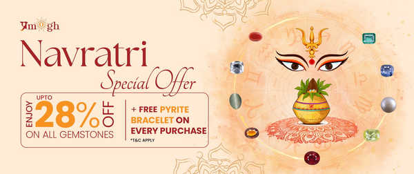 Navratri special offer banner with maa durga and gemstones on a beige background