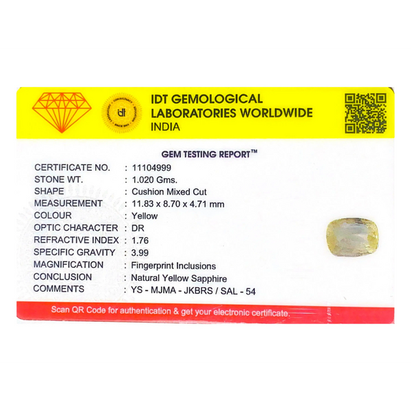 IDT Gemological Laboratories Worldwide India gem testing report with a yellow sapphire image.