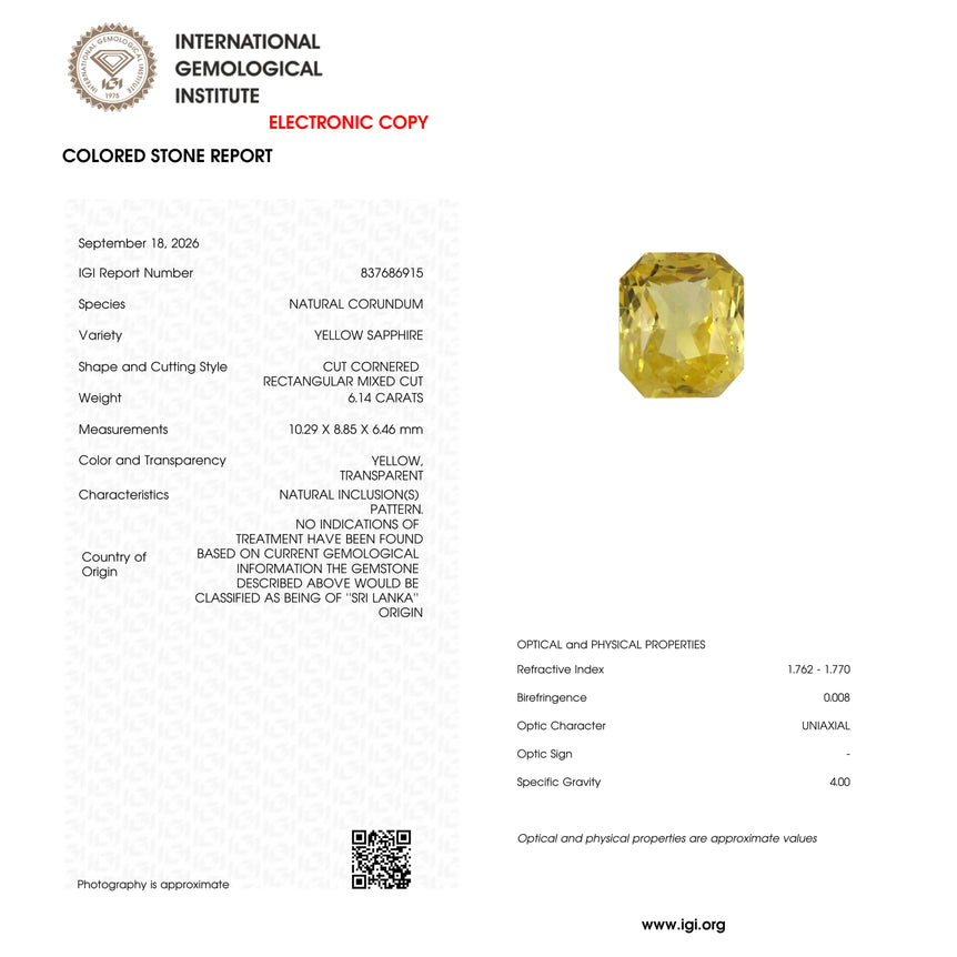 Yellow Sapphire - 6.14 Carat